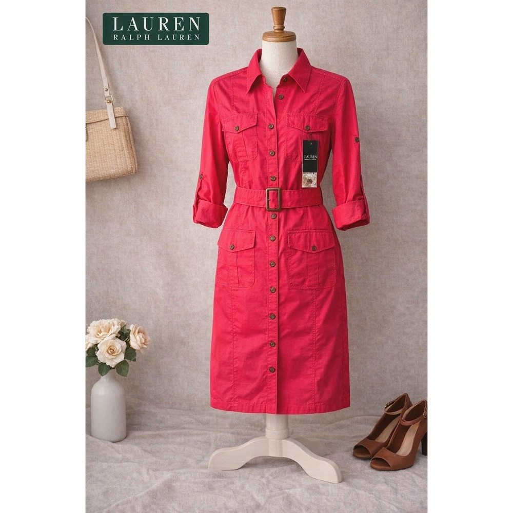 Lauren Ralph Lauren Red Shirt Dress Belted Utility Style Size 10 New with Tags